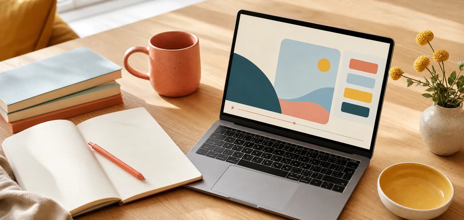 Laptop, notebook and learning materials arranged for a guided Happy Mind Society course